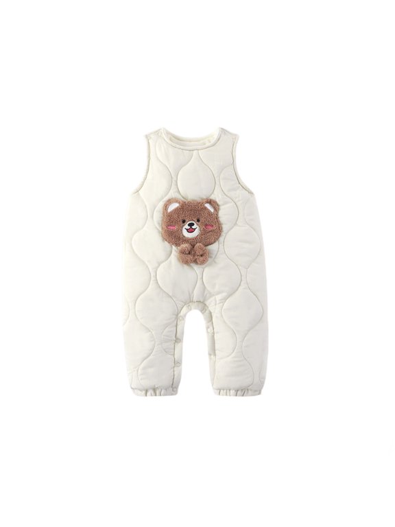 Baby Winter Quilted Sleeveless Overalls, Cute 3D Bear Applique Thick Cotton Warm Jumpsuit for Toddler Boys Girls White 3-6 Months