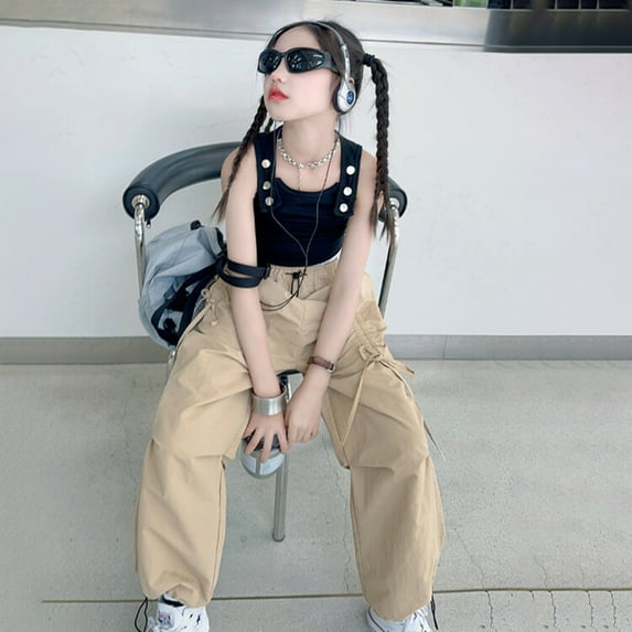 SNKSDGM Back-to-School Girls Cargo Pants High Waisted Elastic Waist Casual Loose Fit Wide Leg Trousers with Pockets for Spring Summer Outdoor Play