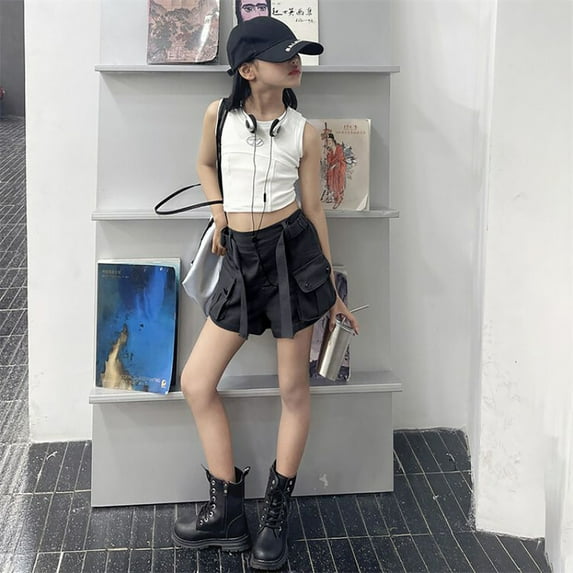 SNKSDGM Back-to-School Girls Cargo Shorts High Waist Casual Summer Comfortable Pants with Pockets for Toddler Kids Age 3-12