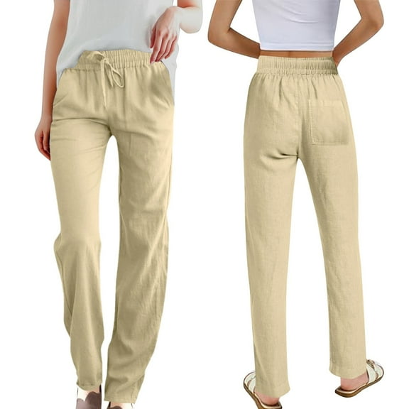 SNKSDGM Black Pants for Women Jeans Women's Summer Solid Color Linen High Waist Elastic Drawstring Pants Lightweight Loose Fit Casual Trousers with Pockets for Comfort and Style L