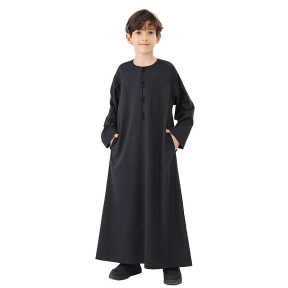 SNKSDGM Boys Dress Shirts Size 8 Arabic Thobe Thobe Long Sleeve Kaftan Crew Robe National Teenage Boys Long Sleeve Embroidered Robe Set Arab Children's Wear Robe 9-10 Years