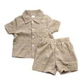 thumbnail image 1 of SNKSDGM Boys Linen Blend 2 Piece Summer Outfit, Lapel Short Sleeve Button Down Shirt Elastic Waist Shorts, Thin Breathable Kids Casual Play Suit Beige 6-12 Months, 1 of 4