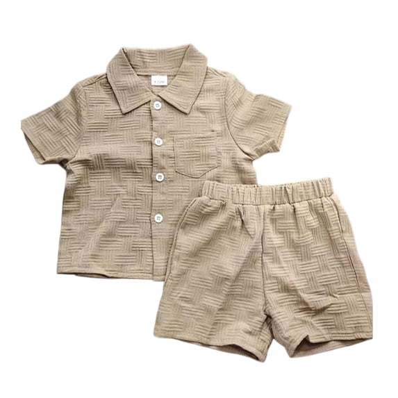 SNKSDGM Boys Linen Blend 2 Piece Summer Outfit, Lapel Short Sleeve Button Down Shirt Elastic Waist Shorts, Thin Breathable Kids Casual Play Suit Beige 6-12 Months