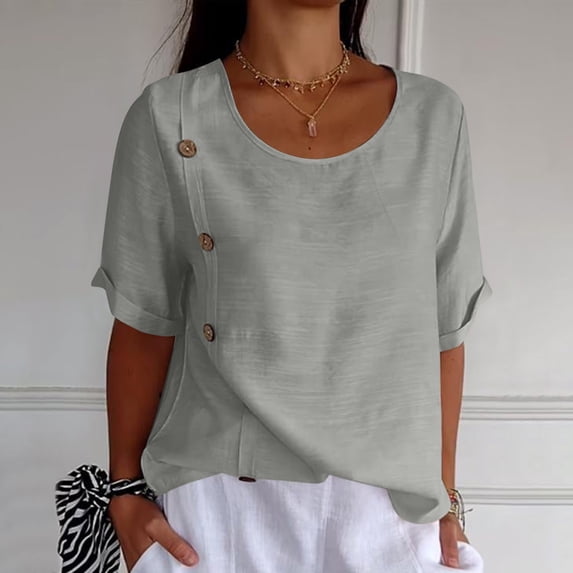 SNKSDGM Casual Easter Shirt Going Out Tops for Women Plus Size College Women's Retro Fashion Solid Color Loose Casual Shirt Summer Short Sleeved Side Button T Shirt Tops Womens Tops Summer