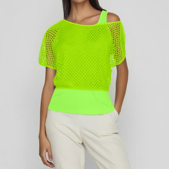 SNKSDGM Casual Easter Shirt off The Shoulder Tops for Women Plus Size 3X 1980S Neon Festival Fishnet Short Sleeve Top for Retro Party and Dance Events Spring Tops for Women 2025 Trendy Sexy