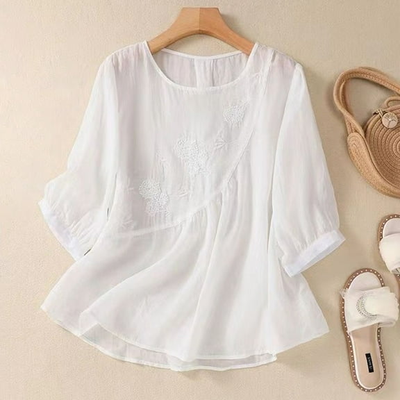 SNKSDGM Casual Easter Shirt Spring Tops for Women 2025 Trendy Work Spring/ Women's Embroidered Round Neck Long Sleeve T Shirt Vintage Bohemian Loose fit Floral Applique Top Tops for Women Summer 2025