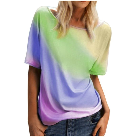 SNKSDGM Casual Easter Shirt Summer Tops for Women 2025 Vacation Plus Size Womens Comfortable Rainbow Gradient Print Casual Top Round Neck Short Sleeve Loose T Shirt Womens Shirts Casual Graphic