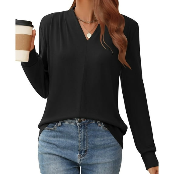 SNKSDGM Casual Easter Shirt Tops for Women Work Out Women's Solid Color V Neck Long Sleeve Blouse with Ruffled Shoulder Casual Stylish Fall Winter Top Short Sleeve Shirts for Women Workout