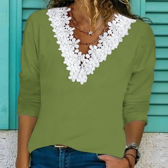 SNKSDGM Casual Easter Shirt Women's Tops Casual Women's Fashion Fall Gradient Tops Long Sleeve Lace Trim V Neck Casual Shirts Basic Tees Loose fit Tunic Blouses Shirts for Women Trendy Cotton