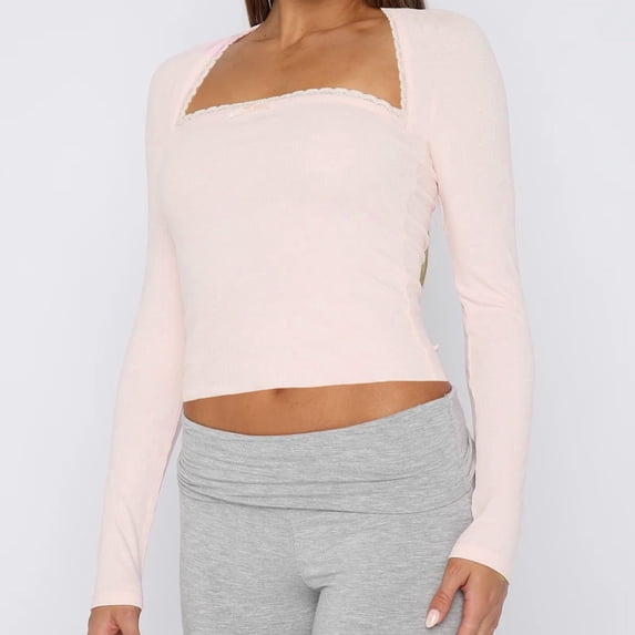 SNKSDGM Casual Easter Shirt Womens Shirts Casual Long Sleeve Women Lace Trim Long Sleeve Crop Tops Cute Square Neck Slim fit Shirts Going Out Tops Blouse Graphic Tees for Women Oversized Cropped