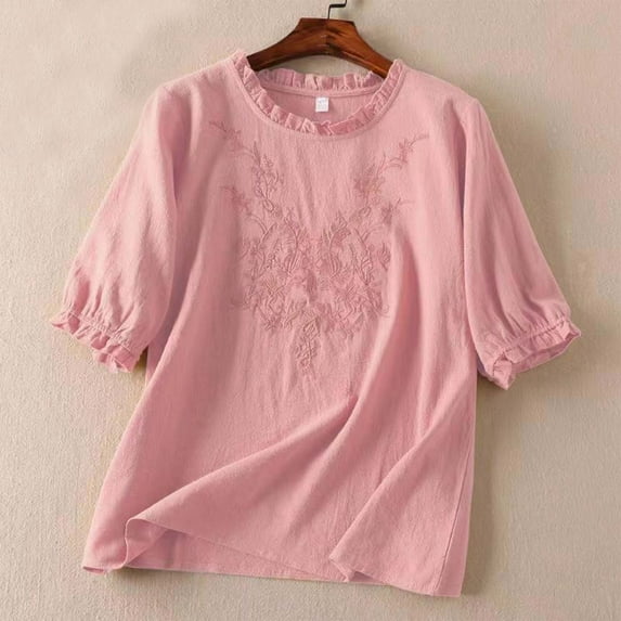 SNKSDGM Casual Easter Shirt Womens Shirts Trendy Plus Size Women's Solid Color Linen Casual Half Sleeve T Shirt Bohemian Embroidered Ruffle Sleeves Top for Belly Womens Tops Dressy Blouses Plus