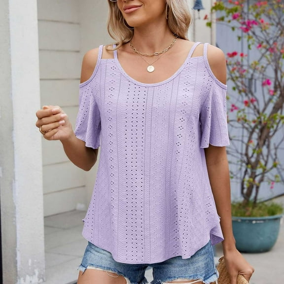 SNKSDGM Casual Easter Shirt Womens Tops Plus Size Womens Summer Tops Loose fit Ruffle Short Sleeves U Neck Shirts Trendy off Shoulder Solid Color Mesh Blouses Tops Women's Tops Plus Size 4X