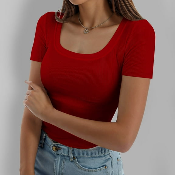 SNKSDGM Casual Easter Shirts Plus Size Tops for Women Dressy 4X Womens Summer Short Sleeve Tops Square Neck Ribbed Slim Fitted Shirts Casual Tee Tshirt Beach Vacation Clothes for Women Petite