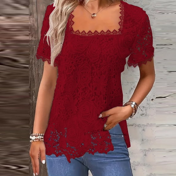 SNKSDGM Casual Easter Shirts Plus Size Tops for Women Summer Casual Summer Vest Loose Pleated Square Neck Short Sleeve Top Curved Hem Loose Large Size Women's Top Spring Tops for Women Plus Size 2025