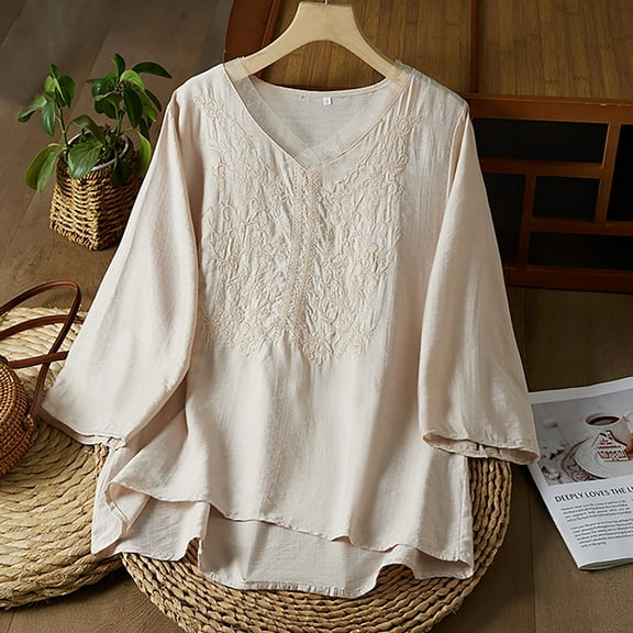 SNKSDGM Casual Easter Shirts Shirts for Women Long Sleeve Dressy Women's Summer Chinese Embroidery Cardigan Top Retro Art Heavy Industry T Shirt Plus Size Tops for Women 4X-5X Dressy Blouse