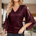 thumbnail image 1 of SNKSDGM Casual Easter Shirts Summer Tops Trendy Floral Womens Sequin Tops 3/4 Sleeve Glitter Sparkly Party Blouse V Neck Dressy Tops for Evening Party Plus Size Tops for Women Long Sleeve Dressy, 1 of 4