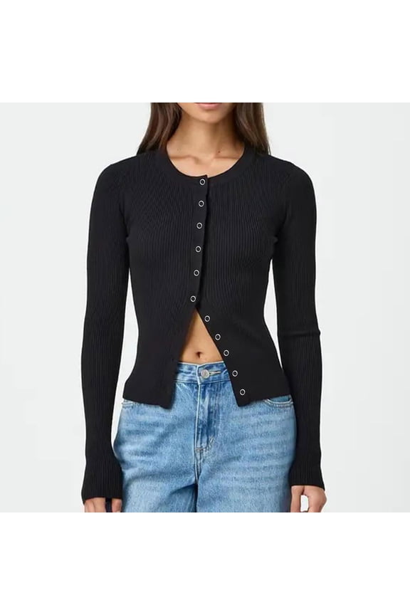 Casual Easter Shirts T Shirts for Women Plus Size Women Crochet Knit Cardigan Slim Fitted Long Sleeve Round Neck Ribbed Sweater Button down Tops Knitwear Streetwear Womens Tops Summer 2025