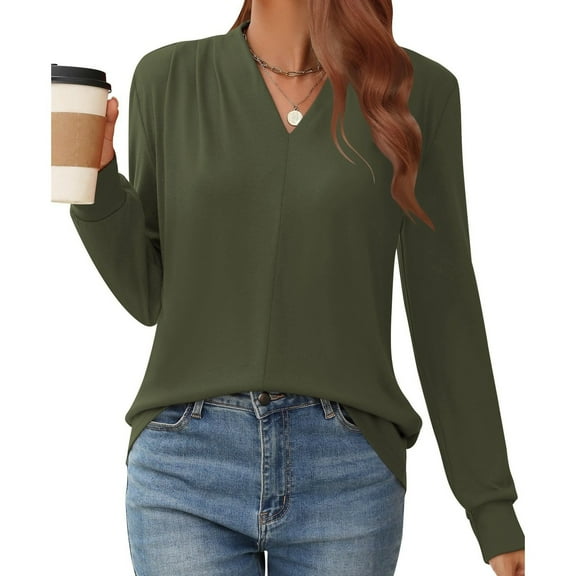 SNKSDGM Casual Easter Shirts Tops for Women Work Out Women's Solid Color V Neck Long Sleeve Blouse with Ruffled Shoulder Casual Stylish Fall Winter Top Spring Tops for Women 2025 Trendy Dressy