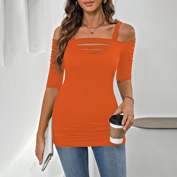 SNKSDGM Casual Easter Shirts for Women Going Out Tops for Women Lace Long Sleeve Fashion Shoulder Shear Split Five Sleeves Slim fit Hollow Long Top off The Shoulder Tops for Women Short Sleeve