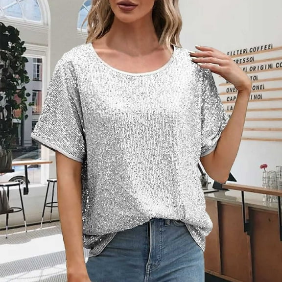 SNKSDGM Casual Easter Shirts for Women Plus Size Tops for Women 3/4 Sleeve 5X Women's Sequin Tops Sparkly Glitter Blouses Sequined Short Sleeve Shirts for Holiday Club Night Womens Tops Plus Size