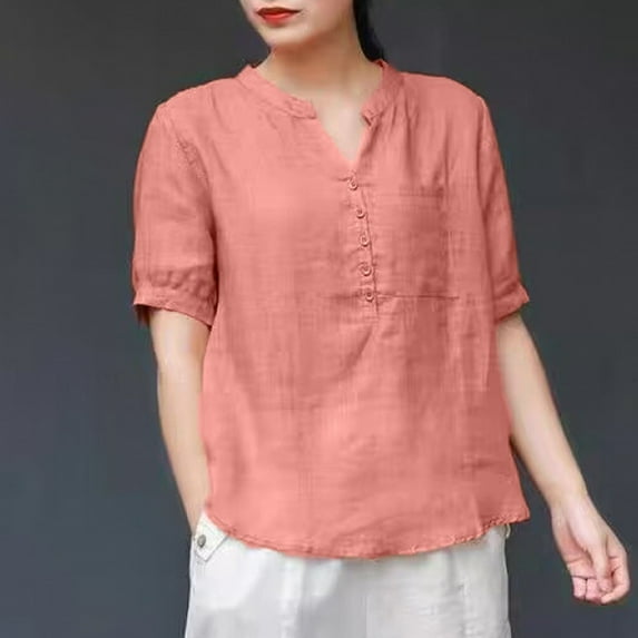 SNKSDGM Casual Easter Shirts for Women Shirts for Women Graphic Tees Summer Short Sleeved and Linen Women's Thin Loose High End Retro V Neck Shirt Pullover Linen Top Women's Tops 3/4 Sleeve Loose Fit