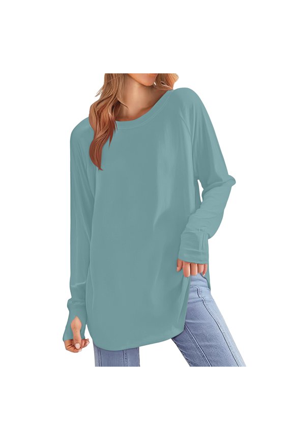 Casual Easter Shirts for Women Spring Tops for Women 2025 Plus Size Women Fashion Round Neck Solid Long Sleeve Blouse Loose Medium Long Base Shirt Going Out Tops for Women Sexy Winter