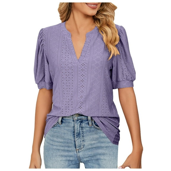 SNKSDGM Casual Easter Shirts for Women Tops for Women Dressy Casual Women's Summer Casual V Neck Solid Color Hollow Puffy Sleeve Loose T Shirt Top Womens Short Sleeve Tops Casual Loose Fit