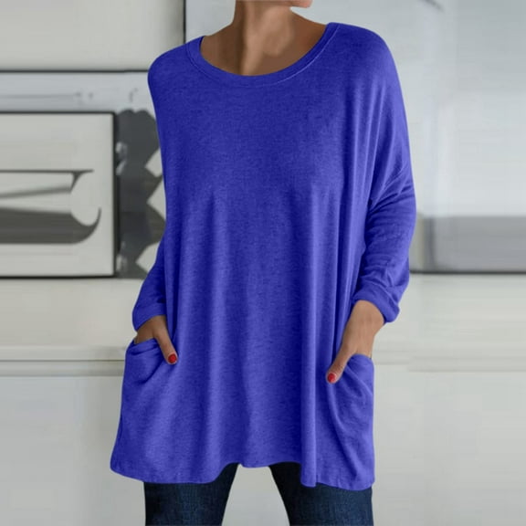 SNKSDGM Casual Easter Shirts for Women Womens Shirts Plus Size Summer Womens Crew Neck Long Sleeve Top T Shirt Long Top Solid Color T Shirt with Pockets off The Shoulder Tops for Women Plus Size