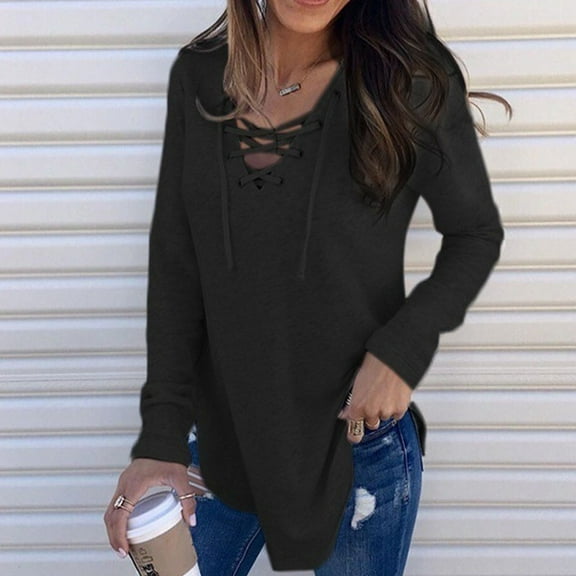 SNKSDGM Casual Easter Shirts for Women Womens Shirts Plus Size Winter Women's Lace up V Neck Long Sleeved Tops Tunics Basic Shirts Bandage Pullover T Shirts Beach Vacation Clothes for Women Sexy