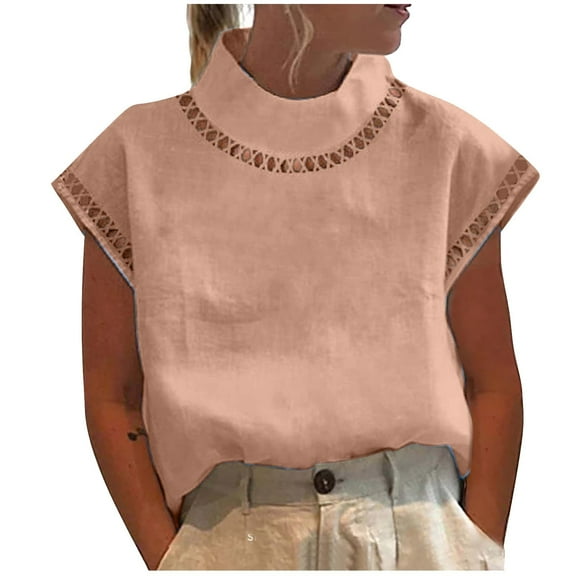 SNKSDGM Casual Easter Shirts for Women Womens Tops Dressy Casual Linen Tops for Women 2025 Casual Cap Sleeve Summer Shirts Loose High Neck Tshirt Dressy Casual Blouses T Shirts for Women Pack