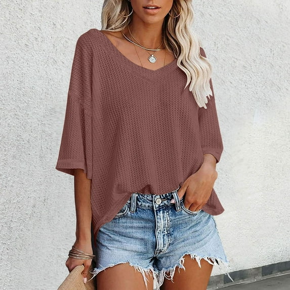 SNKSDGM Casual Easter Shirts for Women Womens Tops Trendy Going Out Women's V Neck Batwing Half Sleeved Shirt Knit Loose Shirt Solid Color Top Summer Tops with Sleeves for Women 2025 Vacation
