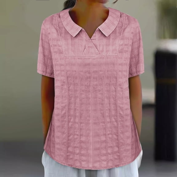 SNKSDGM Casual Easter Shirts Women's Tops Casual Plus Size Women's Top Summer Turndown V Neck Button Petal Sleeve Solid Plaid Shirt Blouse Tops Plus Size Tops for Women Dressy One Shoulder