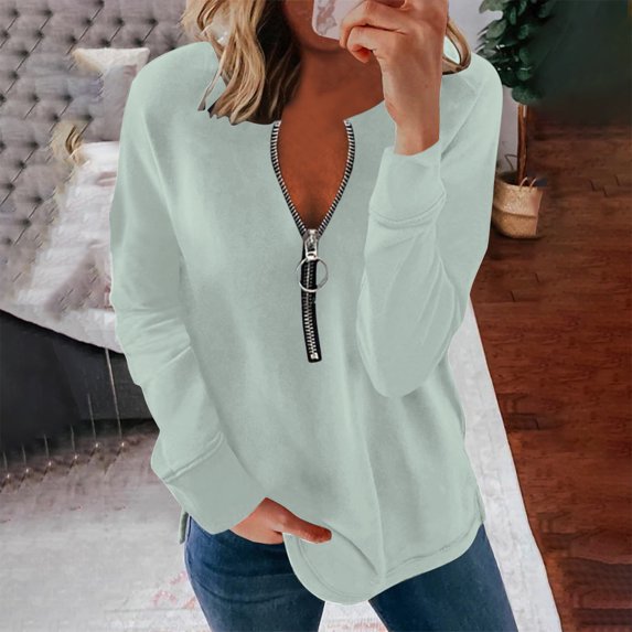 SNKSDGM Casual Easter Shirts Women's Tops Plus Size 3/4 Sleeve Women Fashion Casual Solid Color Pringting Zipper Long Sleeves Casual Blouse T Shirts Top Plus Size Tops for Women Long Sleeve Dressy