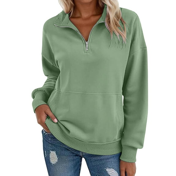SNKSDGM Christmas Sweatshirt for Women Solid Hoodless V Neck Long Sleeve Zippered Pocket Sweatshirt for Christmas Activities Plus Size Fall Tops L