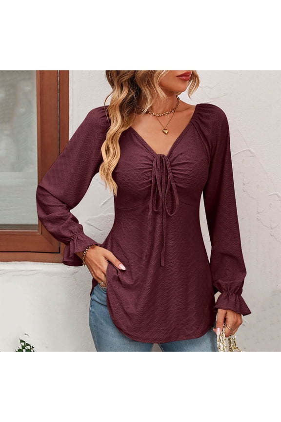 Easter Shirt Graphic Tees for Women Vintage 70S Women Fall 2025 Fashion Casual Top V Neck Drawstring Tunic Long Sleeve Solid Color T Shirt Top Summer Tops with Sleeves for Women 2025 Vacation