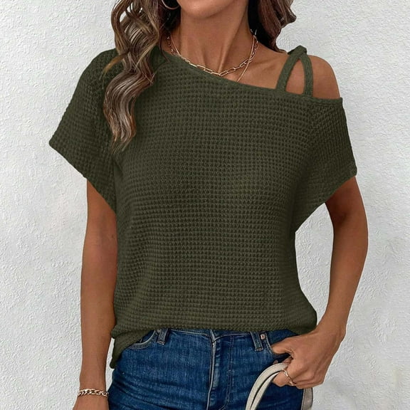 SNKSDGM Easter Shirt Womens Tops Dressy Casual Plus Size Womens Summer Tops off One Shoulder Knit Short Sleeve T Shirts Casual Lightweight Solid Color Blouses Going Out Tops for Women Sexy Winter