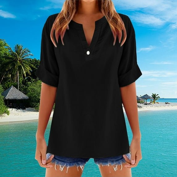 SNKSDGM Easter Shirts Shirts for Women Long Sleeve Dressy Women's Solid Color V Neck Short Sleeve Linen Blend Blouse Stylish And Comfortable for Casual Wear Womens Tops Dressy Casual with Collar