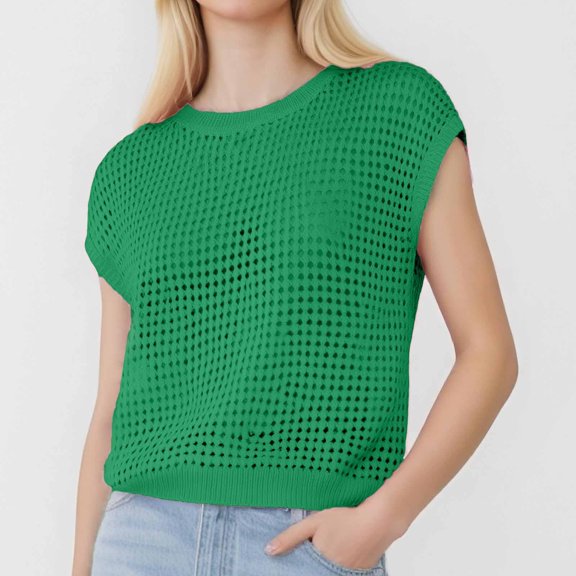 SNKSDGM Easter Shirts Summer Tops Women's Round Neck Hollow Sunscreen Knitted Sweater Blouse Plus Size Tops for Women Dressy Short Sleeve