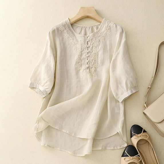 SNKSDGM Easter Shirts for Women Women's Tops 3/4 Sleeve Spring Vintage Linen Round Neck Embroidered Loose Half Sleeve T Shirt for Women Lightweight Linen Top Going Out Tops for Women Lace
