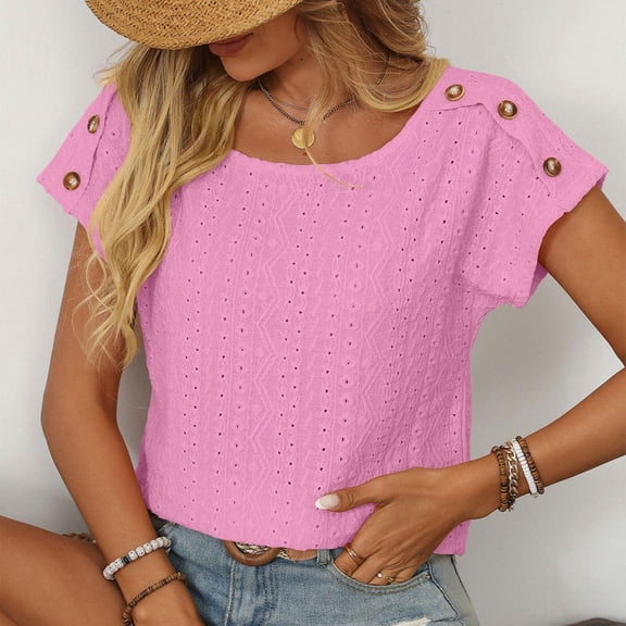 SNKSDGM Easter Shirts for Women Womens Tops Trendy Fall Women Casual Solid Color Blouse Jacquard Hollow Short Sleeved Top Short Sleeve Shirts for Women