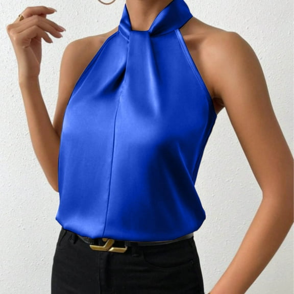 SNKSDGM Female Linen Tank Tops for Women Cropped Womens White Tank Top Loose fit Women Silk Satin Casual Sleeveless Neck Tank Top Summer Curved Hem Lightweight Dressy Blouses Shirt Xl