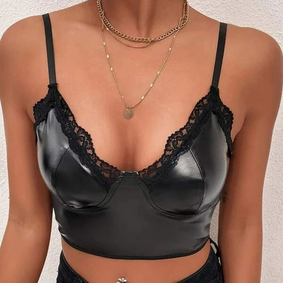 SNKSDGM Female Linen Tank Tops for Women Loose fit Linen Tank Tops for Women Crop Womens Lace Leather Sexy Leather Lace Strap Chest Cup Bra Brooch Lace Line Lingerie Unlined Bra M