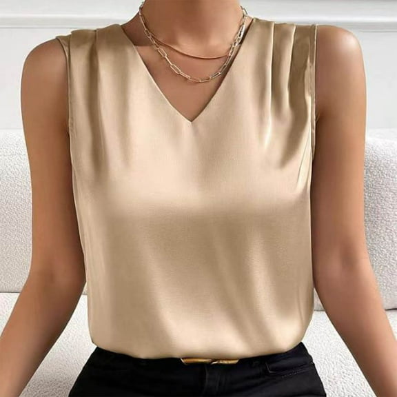 SNKSDGM Female Linen Tank Tops for Women Spaghetti Strap Tank Top Crop Women Summer V Neck Casual Soild Color Satin Sleeveless Basic Vest Shirt Fashionable Sleeveless Top M