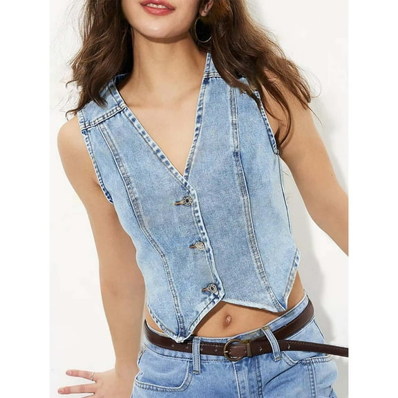 SNKSDGM Female Long Tank Tops for Women Spaghetti Strap Tank Top Cropped Pack Ladies Fashion V Neck Denim Vest Versatile Top for Women Casual Wear Stylish Sleeveless Jean Blouse M