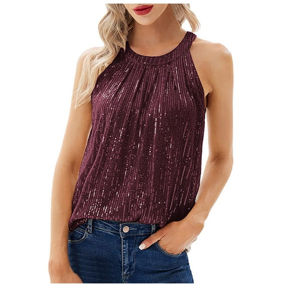 SNKSDGM Female Long Tank Tops for Women Square Neck Tank Top for Women Loose fit Women's New Solid Color Sequin Micro Elastic Sequin Vest L