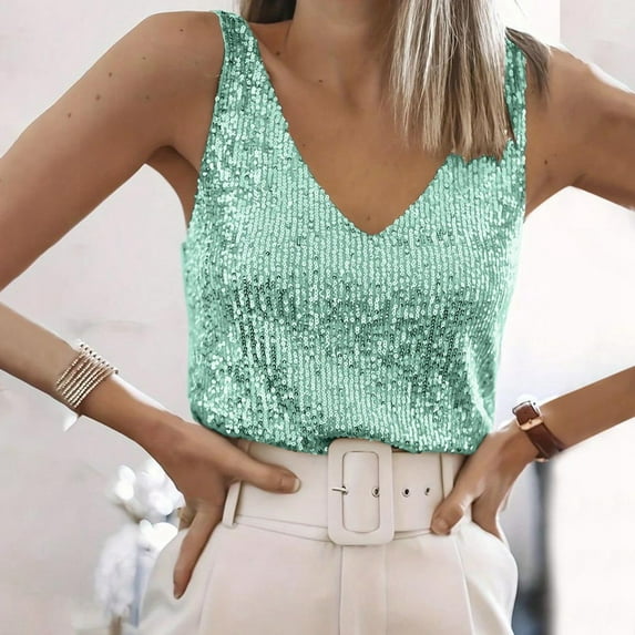 SNKSDGM Female Seamless Tank Tops for Women V Neck Lace Tank Tops for Women Pack Women's Sequin V Neck Tank Top Glittering Evening Wear with Straps Xxl