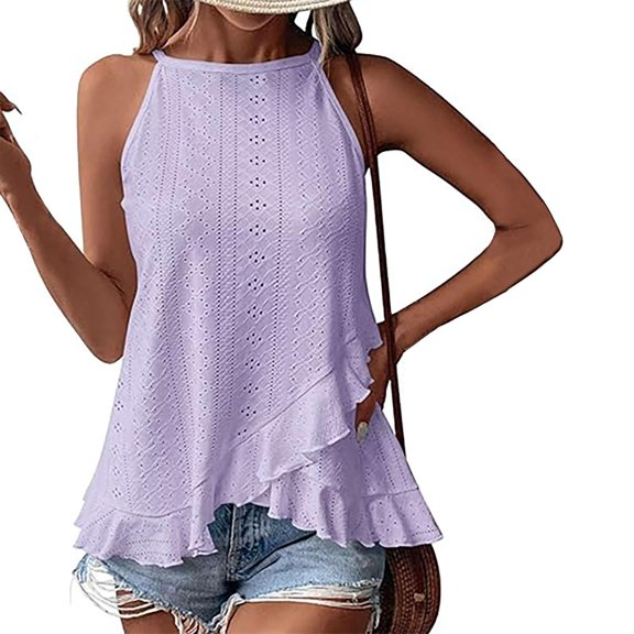 SNKSDGM Female Spaghetti Strap Tank Top Cropped Set Ribbed Tank Tops for Women Pack Plus Size Women's Sleeveless Top with Eyelet Embroidery and Ruffle Trim Xxl