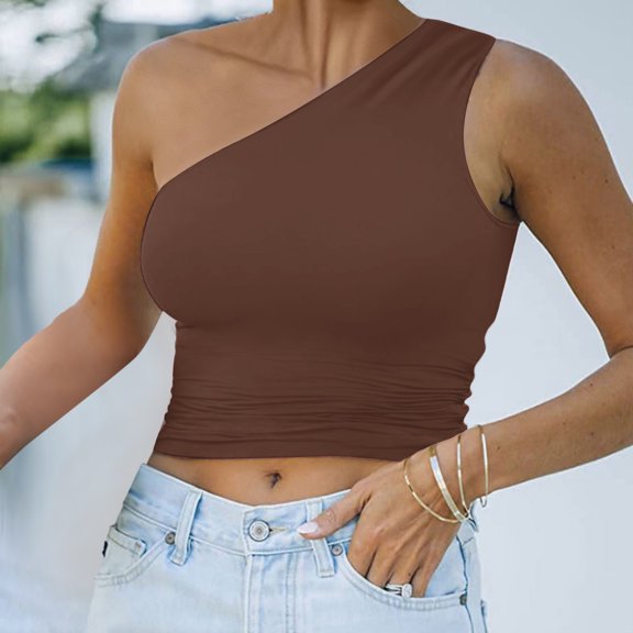 SNKSDGM Female Spaghetti Strap Tank Top Packs for Women Racerback Tank Tops for Women Loose fit Womens One Shoulder Sleeveless Crop Tank Tops Sexy Trendy Vest Camisole Shirt M