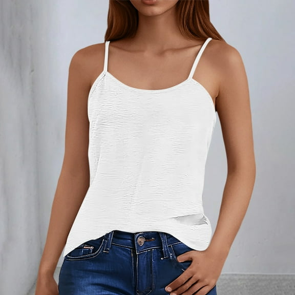SNKSDGM Female Spaghetti Strap Tank Top Petite White Tank Top Woman Crop Plus Size Solid Color Ice Silk Wrinkled Backless Loose Suspender Vest Top L
