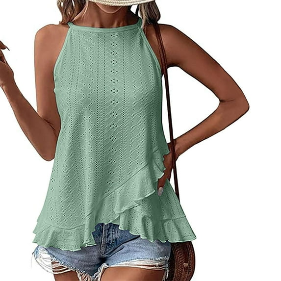 SNKSDGM Female Spaghetti Strap Tank Top Workout Set Ribbed Tank Tops for Women Pack Plus Size Women's Sleeveless Top with Eyelet Embroidery and Ruffle Trim M